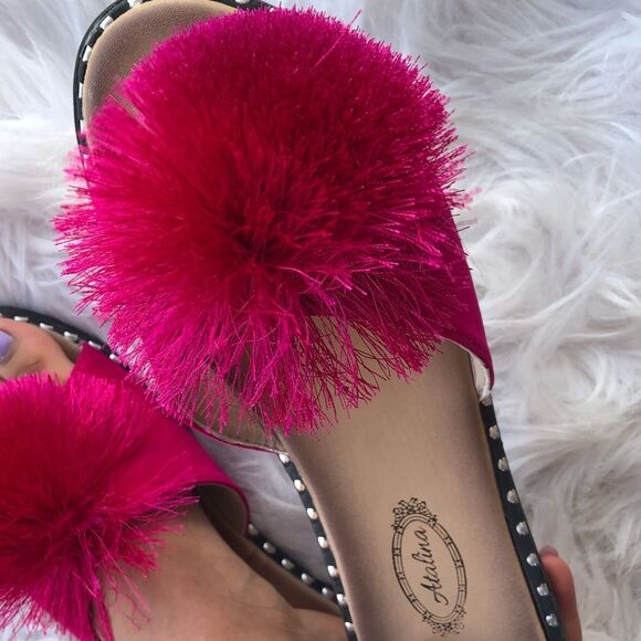Restocked! Best Seller Fuchsia Pom Stud Slide-In Mule Sandal - Picture 6 of 6